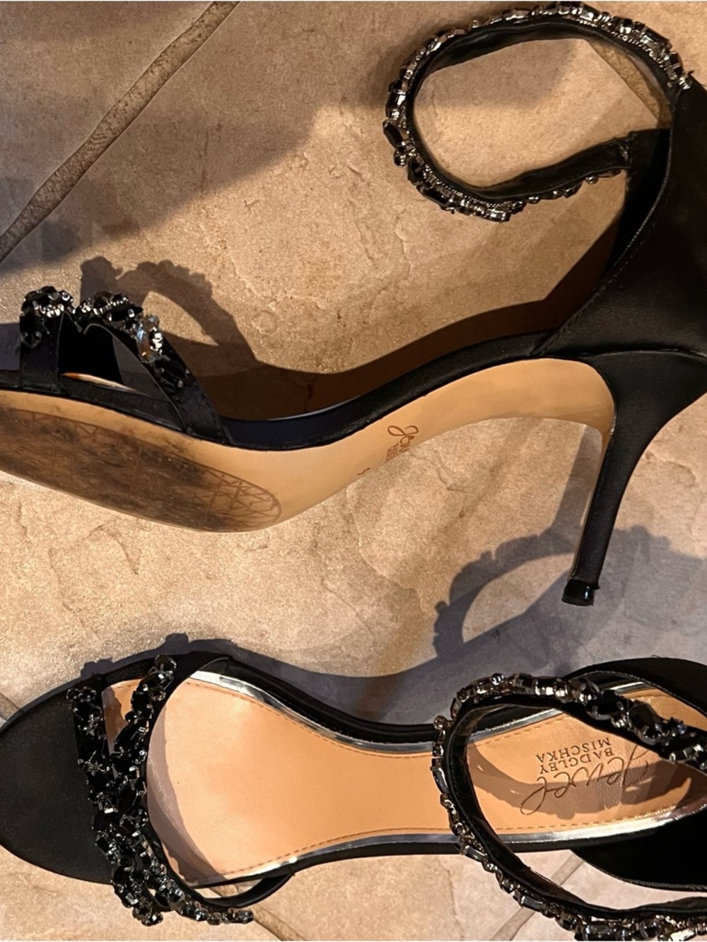 Jewel Badgley Mischka Black Jeweled Open-Toe Heels 9